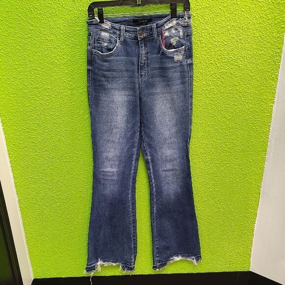 Blue Flare Wide Leg Jeans with Distressed Hem - Picture 1 of 3